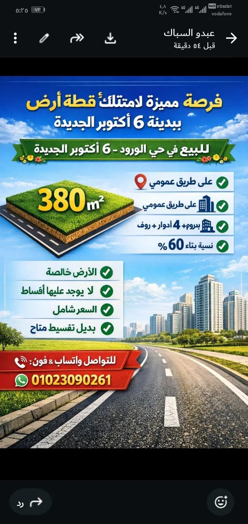 بيع قطعه ارض اكتوبر الجديدة